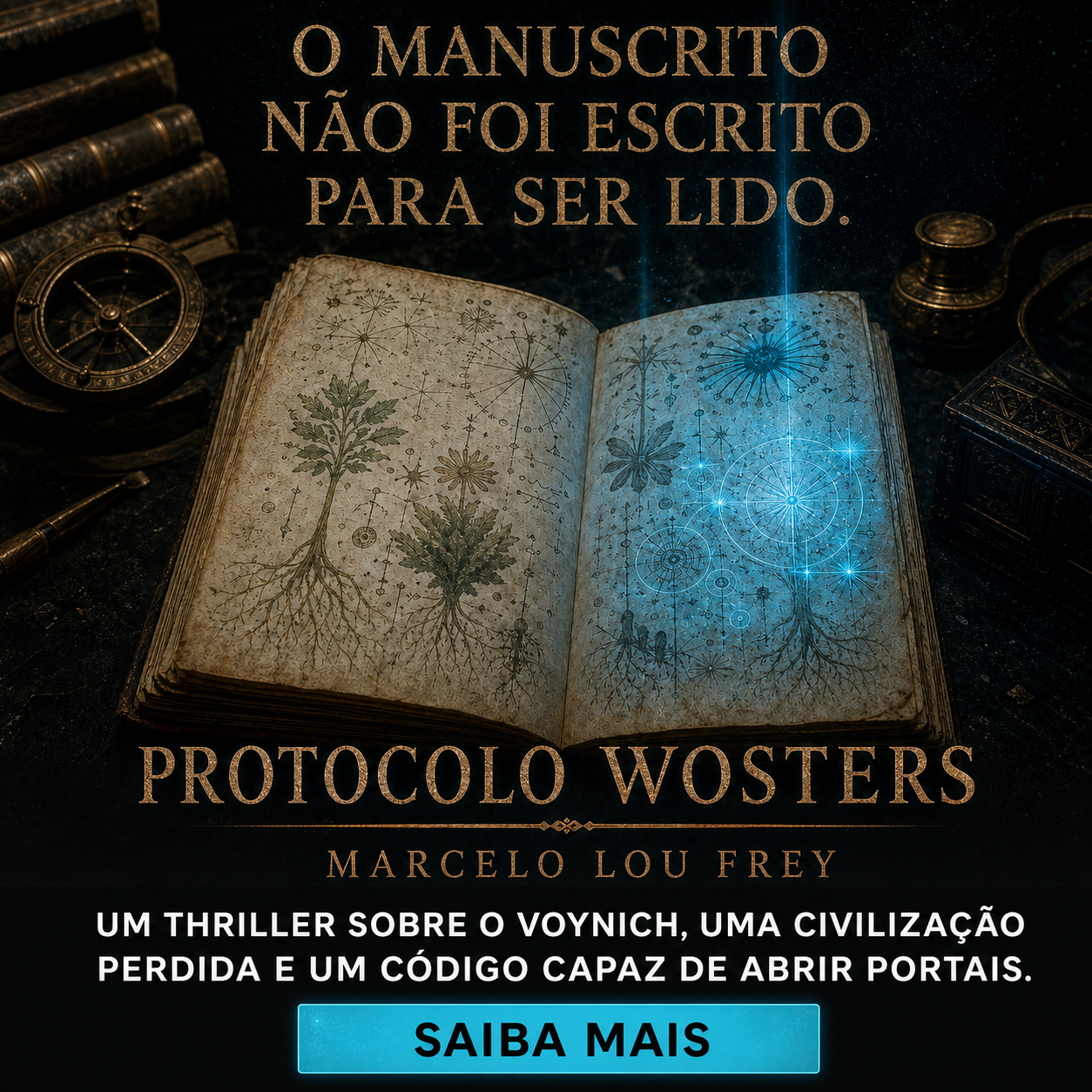 Manuscrito antigo iluminado por luz azul, criativo de Protocolo Wosters